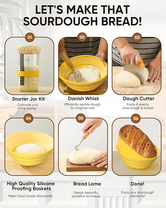 Sourdough Bread Baking Supplies 34 OZ Sourdough starter kit with 2 Bread Proofing Basket - Yellow