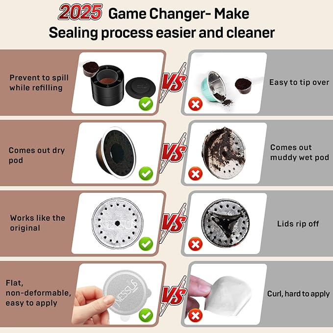 Reusable Pods Kit for Nespresso Vertuo, Refillable Vertuo Coffee Pods Espresso Accessories with 100 pcs Foil Seals Lids, Holder and Brush for Nespresso Vertuo Plus Next Capsule Machine