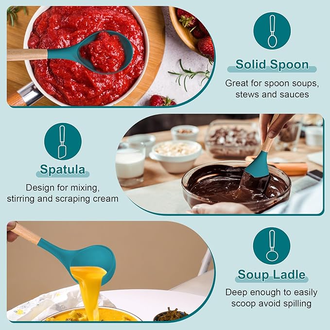 P&P CHEF Cooking Utensils Set, 6 PCS Kitchen Utensils with Wooden Handle, Silicone Spatula for Nonstick Cookware, Easy Clean & Non-toxic, Blue