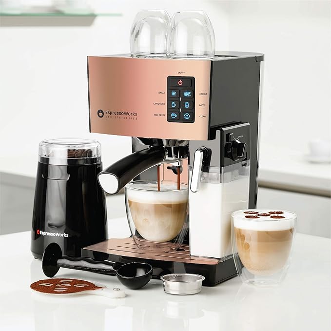 EspressoWorks 19-Bar Espresso, Latte and Cappuccino Maker 10-Piece Set - Brew Cappuccino and Latte with One Button - Espresso Machine with Milk Steamer 1250W - Coffee Gifts (Rose Gold)