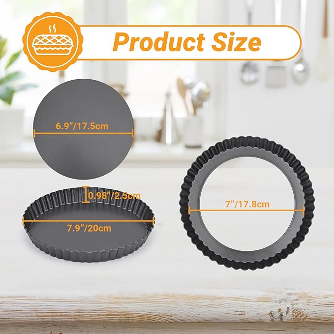 Beasea Mini Tart Pans for Baking, 2pcs 8 Inch Tart Pan with Removable Bottom Small Non Stick Carbon Steel Quiche Pie Pans for Oven Baking