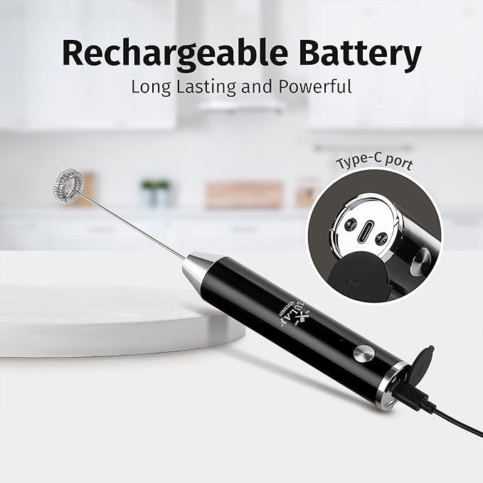 Zulay Kitchen Lux Rechargeable Milk Frother Handheld - Powerful 2-Speed Motor, Fully Waterproof, 2000mAh Battery - Drink Mixer For Latte, Cappuccino, Matcha, Protein Powder - Black