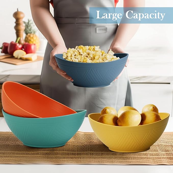 65 OZ Wheat Straw Bowls Set of 4, Large Unbreakable Salad Bowls, Microwave & Dishwasher Safe Serving Bowl, Kitchen Bowl Mixing Bowl for Salad, Cereal, Soup and Oatmeal (Multicolor)