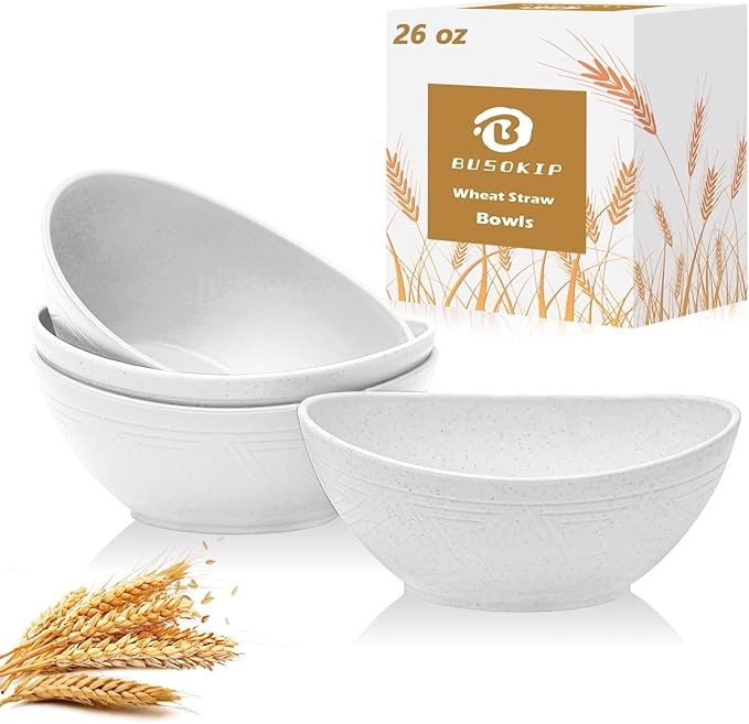 Wheat Straw Bowls Set of 4, Unbreakable Plastic Bowls Reusable, Microwave Safe Cereal Bowl for Camping, RV, Apartment, Party, Kitchen Bowl for Serving, Eating, Soup, Popcorn (26 OZ, White)