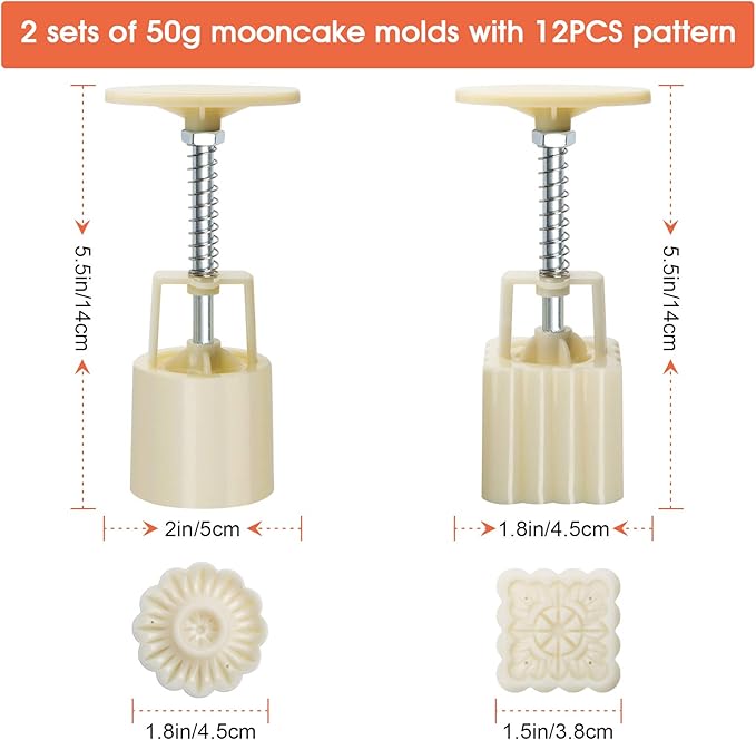 Luxiv Moon Cake Mould 50g, 12 PCS Pattern Hand-Pressure Mooncake Molds for Mid-Autumn DIY Pastry Tool 2 Set with 6pcs Round Flower Mooncake Mode and 6 Pcs Square Pattern Mooncake Mould (White, 50g)