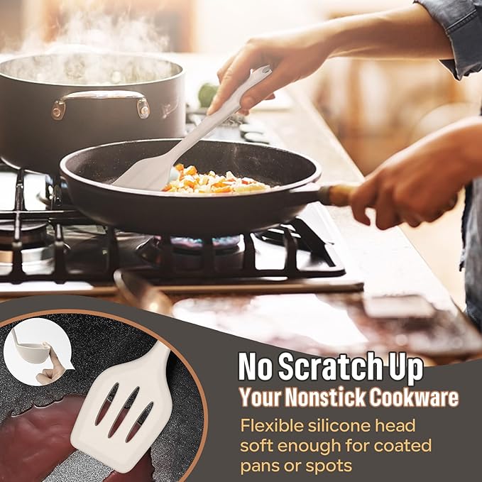 E-far Silicone Cooking Utensils Set, 7-Piece Khaki Heat Resistant Kitchen Utensils Set, Kitchen Nonstick Tools Spatula Ladle Spoon Pasta Server for Non-stick Cookware, Non-Toxic & Dishwasher safe