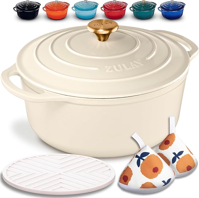 Zulay Kitchen 6 Quart Enameled Cast Iron Dutch Oven with Lid, Silicone Trivet & Heat Pad – Premium Durability & Oven Safe up to 500°F – Heavy Duty Cookware Perfect for Bread Baking, Stews, Braising & Roasting – Ivory