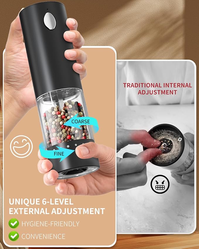 CIRCLE JOY Electric Salt and Pepper Grinder Set Automatic Salt and Pepper Grinder Set with Easy-to-Carry Charging Base and LED Light, Adjustable Coarseness, USB Rechargeable, Washable Container, Black