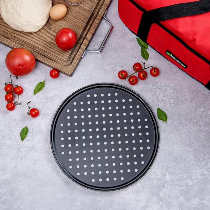 Restaurantware Met Lux 13 Inch Pizza Pan With Holes 1 Heavy-Duty Pizza Pan With Holes - Perforated Non-Stick Carbon Steel Pizza Crust Pan Keeps Pizza Fresh For Any Food Service Establishments