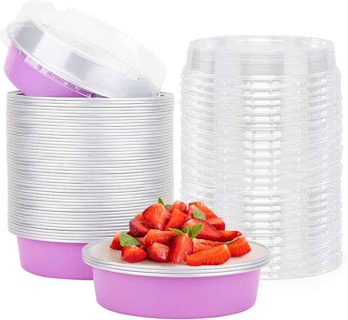 Beasea Disposable Mini Pans with Lids, 50 Pack 4” 8oz Light Pink Aluminum Baking Foil Tins Round Small Tart Container for Individual Cupcake Dessert Muffin Ramekin Cheesecake Quiche Oven Dishes