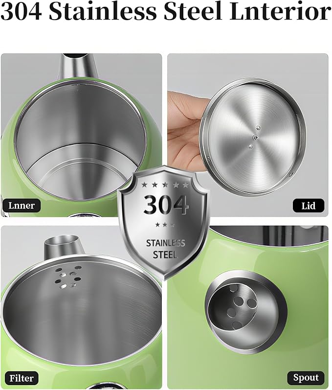 Retro Electric Kettle, 1.8L Hot Water Kettle Electric with Thermometer, 1200W Fast Heating Stainless Steel Tea Kettle for Boiling Water, Cordless, LED Indicator, Auto Shut-Off, Green