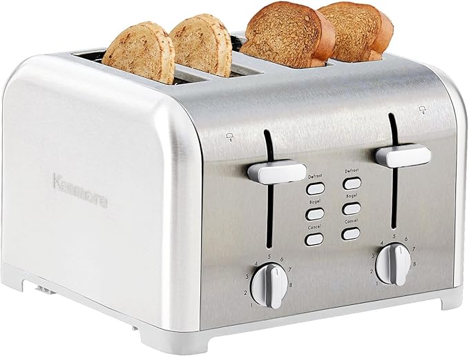 Kenmore Toaster 4 Slice - Extra Wide Slot Countertop Kitchen Appliance, Defrost Function, Grille-Pain, 9 Shade Settings, Compact Design, Easy Clean Crumb Tray, Bread Bagel, Stainless Steel & White