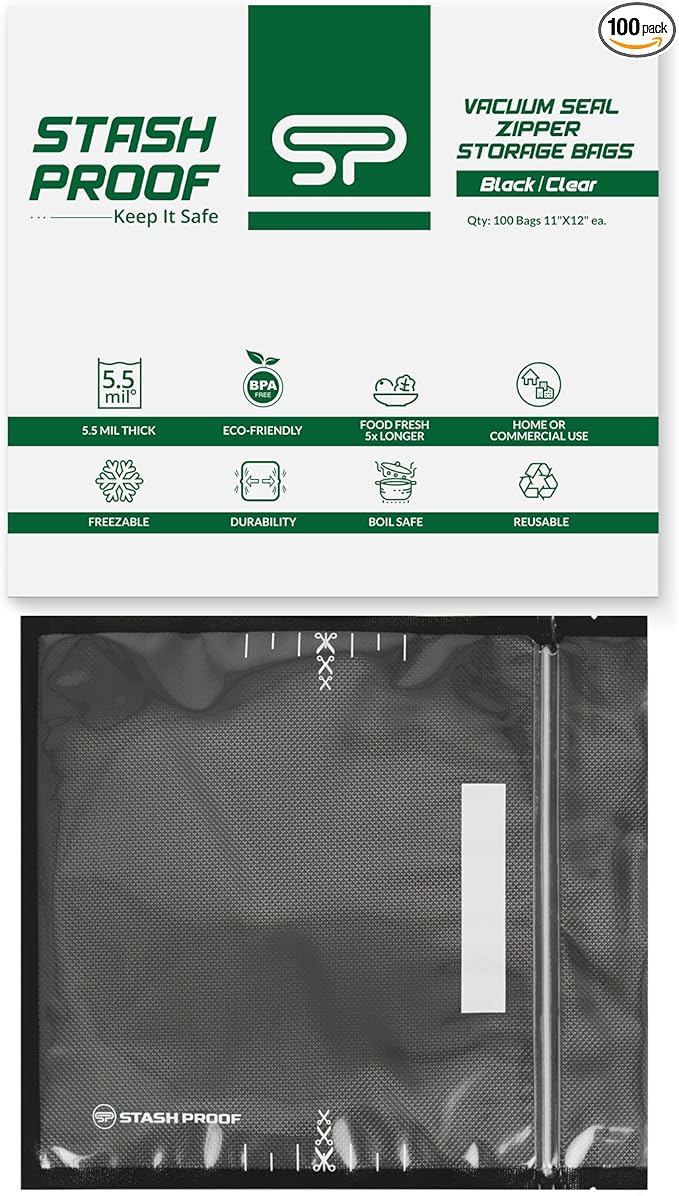 11" x 12" Recloseable Zip Storage Vacuum Seal Bag (Black and Clear) (100 Count) 5.5 Mil Durable - BPA Free Food Grade Reusable Resealable Zipper Reclosable Zip Poly Coins, Snacks, herbs
