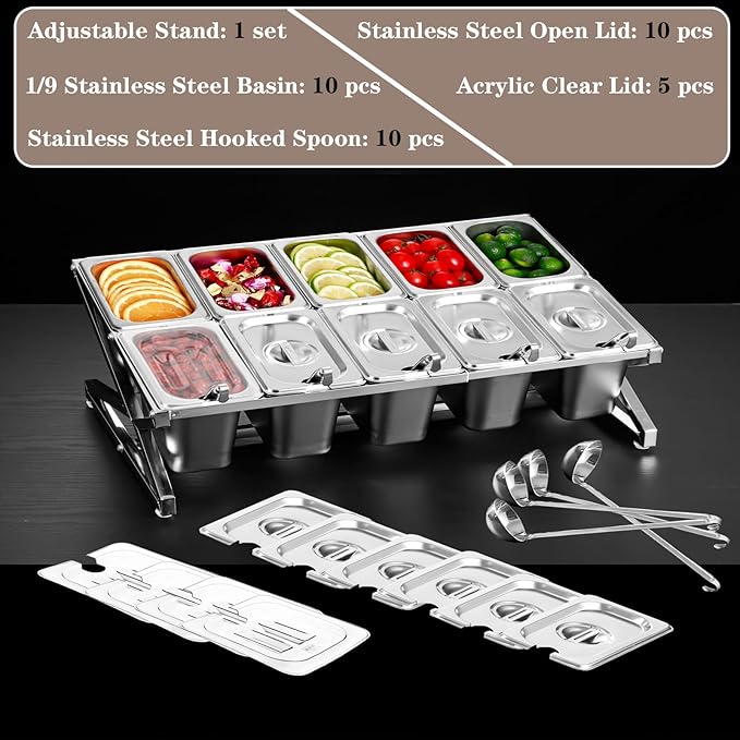 Two Tier Adjustable Stainless Steel Spice Organizer Set of 10 Pots with Spoons Commercial Kitchen Spice Rack Sauce Rack Buffet Counter Milk Tea Shop Multifunctional Shelf (Double Slant)