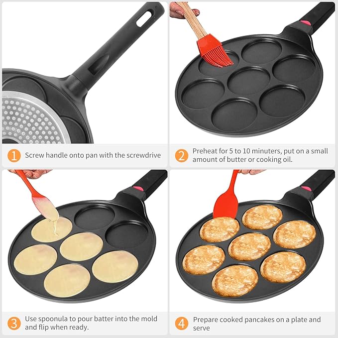 Pancake Pan Maker Nonstick Induction Compatible, 10.5 Inch Mini Non Stick Silver Dollar Grill Blini Griddle Crepe Pan,7 Molds Cake Egg Cooker Skillet for Kids Gifts