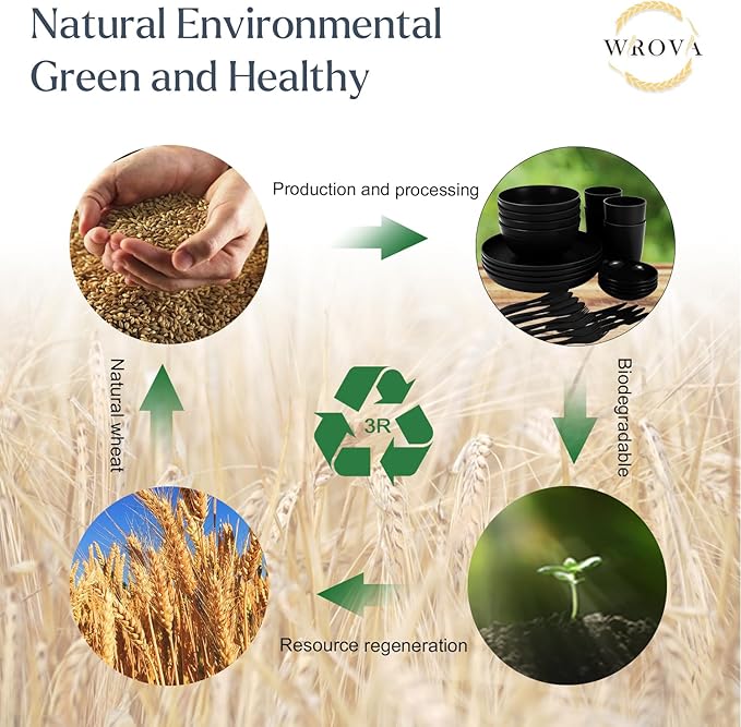 Wheat straw dinnerware set of 28 - Bowls and Plates Set for Dorm - Microwave and Dishwasher safe dish sets for kitchen,camping,indoors and out doors.Black