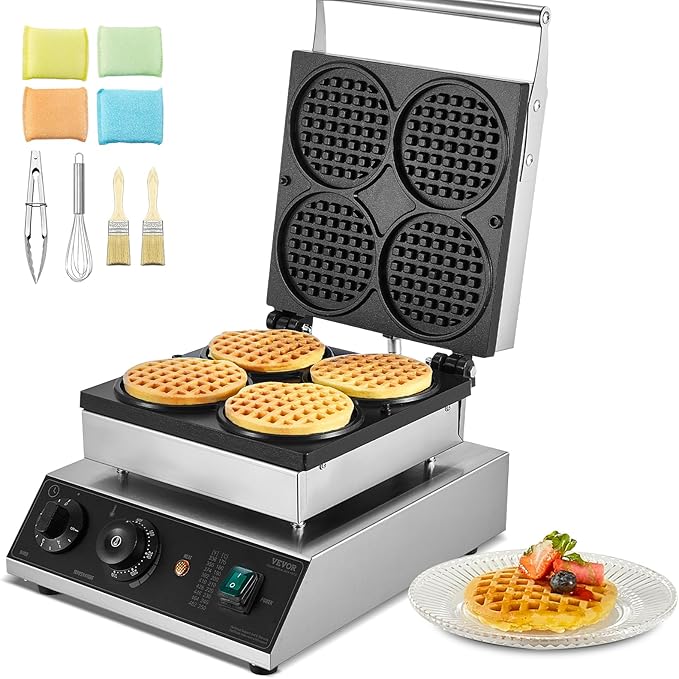 VEVOR Commercial Waffle Maker, 4PCS Round Waffle Baker Machine,1750W Non-Stick Stainless Steel Belgian Waffle Iron with Temperature and Time Control, for Restaurant Bakery Snack Bar Family