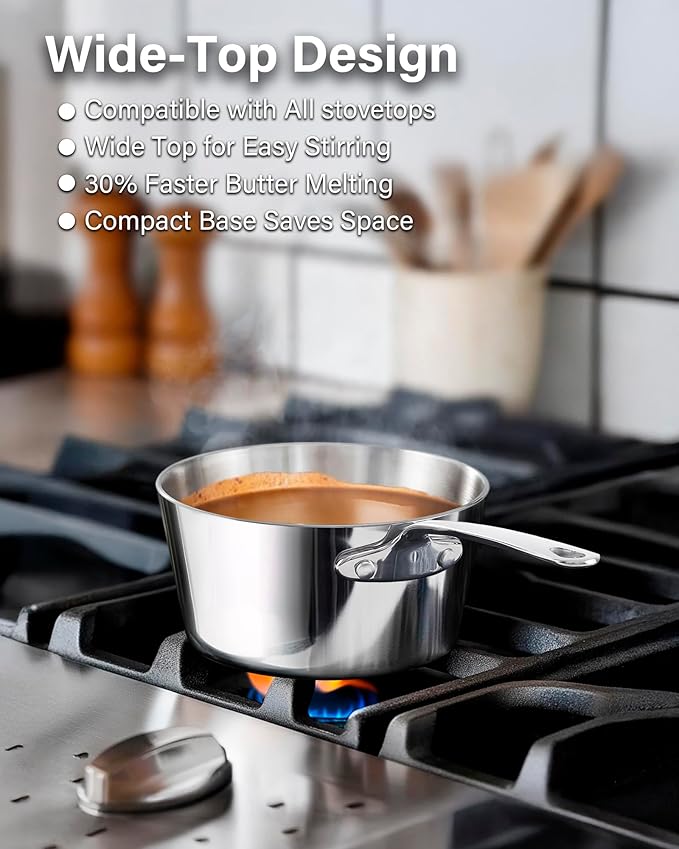 D&M Butter Warmer 0.39 Quart, Multi-Ply Clad Stainless Steel Milk Frother and Chocolate Melting Pot, Small Saucepan for Induction Stovetop, Coffee, Butter, Syrup