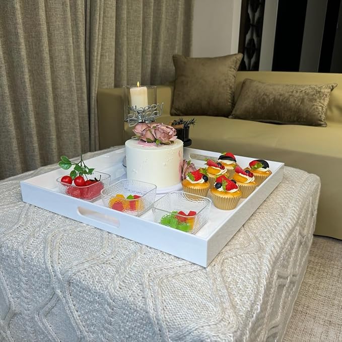 White Acrylic Large Ottoman Tray with Handles 18"x18"x2" Spill Proof Serving Tray Rubber Boot Organizer Tray Decorative for Living Room Bedroom Kitchen Entryway Coffee Table Countertop