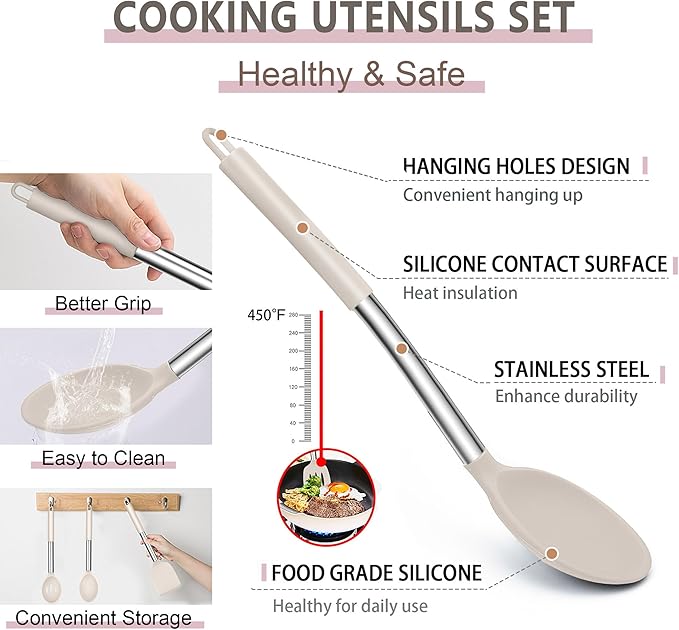 E-far Silicone Cooking Utensils Set, 30 Pcs Heat Resistant Kitchen Utensils with Stainless Steel Handle, Heat Resistant Kitchen Spatulas Turner Tong Spoon Whisk Ladle for Nonstick Cookware, Khaki