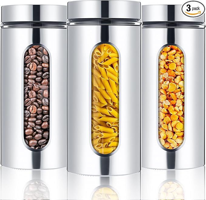 3 Pcs Stainless Steel Canister Set with Glass Windows Visible Storage Jars Silver Kitchen Canister Set for Pasta Flour Oat Sugar Container, Kitchen Tools, Housewarming Gifts(44 oz)