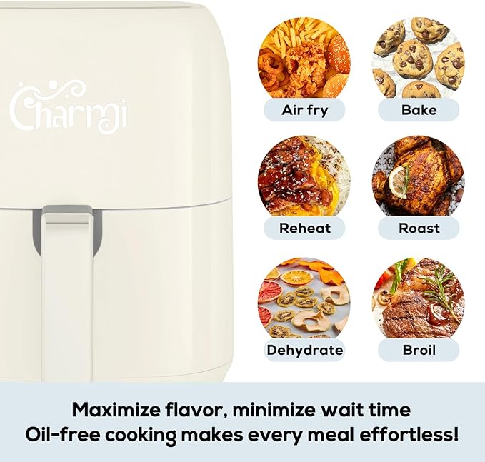 Charmi 5QT Air Fryer – Beautiful Retro Design, Stylish Countertop Look, Nonstick & PFAS-Free, Safe Auto Shutoff, Digital Touchscreen, 8 Cooking Presets (Cream White)