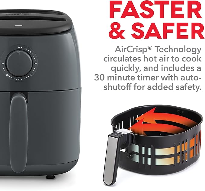 DASH Tasti-Crisp™ Express Air Fryer Oven, 2.6 Qt., Gray – Compact Air Fryer for Healthier Food in Minutes, Ideal for Small Spaces - Auto Shut Off, Analog, 1000-Watt