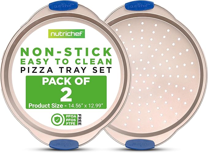 NutriChef 13-Inch Non-Stick Pizza Tray with Silicone Handle - Perforated Round Steel Pan, Dishwasher Safe - 2 Pack - Champagne Gold