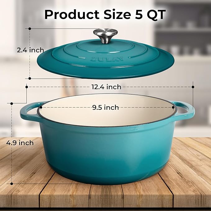 Zulay Kitchen 5 Quart Enameled Cast Iron Dutch Oven with Lid,Silicone Trivet & Heat Pad – Premium Durability & Oven Safe up to 500°F – Heavy Duty Cookware Perfect for Bread Baking, Stews, Braising & Roasting – Light Blue