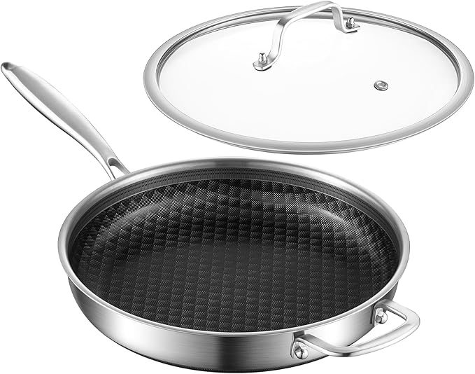 12-Inch Non Stick Frying Pans, NonStick Stainless Steel Pan Set, Tri-Ply Skillets and Pan Set with Lid, Induction Cooker Compatible, Cool-Touch Handle, Dishwasher and Oven Safe