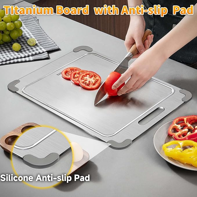100% Pure Titanium Cutting Board with Grooves, Update Double Side Titanium Chopping Board, Silicone Anti-slip Stainless Cutting Boards for Kitchen 12 * 18 IN, Grey