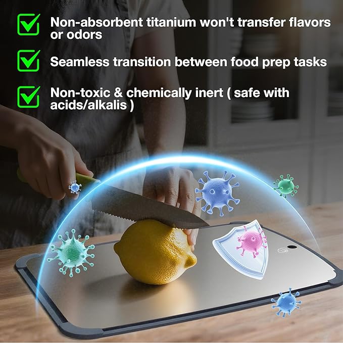 100% Pure Titanium Cutting Board, Double-Sided Pure Titanium Cutting Board for Kitchen and Outdoor Cooking Hygiene Durable Dishwasher Safe Chopping Board with Detachable Silicone Pad (11.42"x7.87")