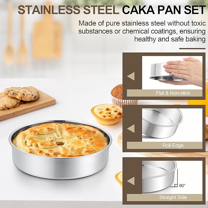 Homikit Round Cake Pan Set of 3, 9-Inch Stainless Steel Cake Tins Bakeware for Baking Layer Smash Birthday Cake,Oven, Pressure Cooker & Dishwasher Safe