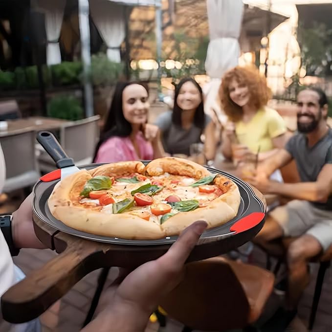 13 Inch Pizza Pan for Oven, Round Pizza Pan with Holes - Non-Stick Carbon Steel Pizza Tray with Silicone Handles - for Cooking, Baking, and Grilling - Dishwasher Safe