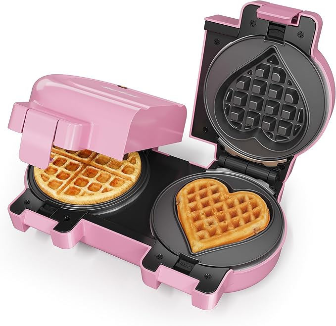 Sunvivi Double Belgian Waffle Maker with Dual Removable Nonstick Plates, Stainless Steel Round Waffle Iron, Fast Preheat, Flip-Style Easy One-Button Operation, PFOA-Free, Pink