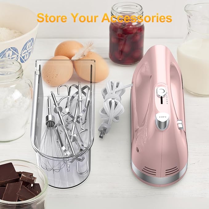Hand Mixer Electric, 400W Food Mixer 5 Speeds Handheld Blender, 5 Stainless Steel Accessories, Storage Box, Kitchen Blender with Cord for Cream, Cookies, Dishwasher Safe, Pink