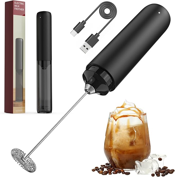 Black Milk Frother Wand, Electric Foam Maker Frother Wand, Hand Mixer for Lattes, Stainless Steel Mixing Head, Detachable for Cleaning, Cappuccino - Kitchen Gift