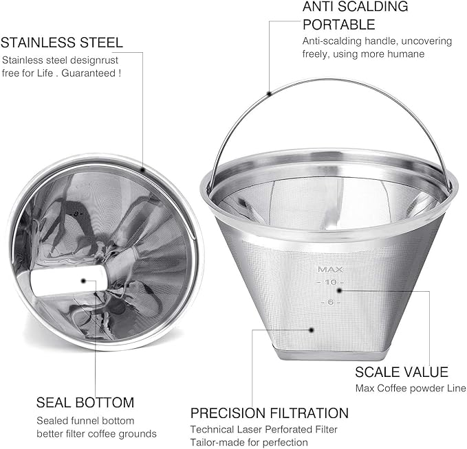 Reusable #4 Cone Shape Coffee Filter Permanent 6-10 Cup Stainless Steel Coffee Filter for Cuisinart Maker Ninja Coffee Bar Brewer -BPA Free