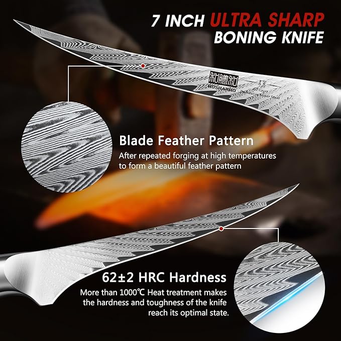 Fillet Knife 7 Inch, Damascus Steel Boning Knife, Professional Fish Fillet Knife for Meat Chicken Cutting, Meat Knife with G10 Ergonomic Handle