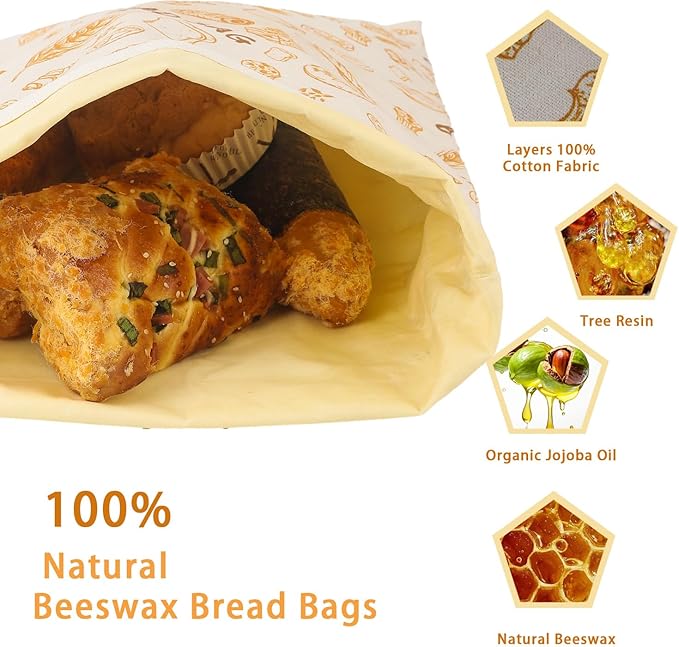 Reusable Bread Bag with Beeswax Lining – 2 Pack XL Cotton Bread Storage Bag for Homemade Sourdough, Baguette, Loaves – Eco-Friendly Waxed Food Wrap for Kitchen & Freezer