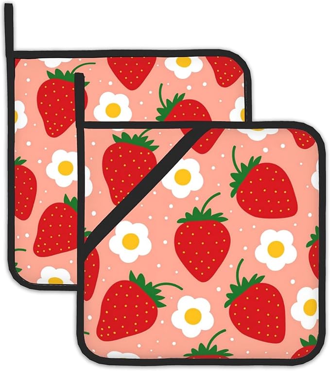 2PCS Fruit Design Strawberry Groovy Floral Pot Holder with Loop,Heat Resistant Oven Pads,Hot Pat for Kitchen Cooking Baking Food