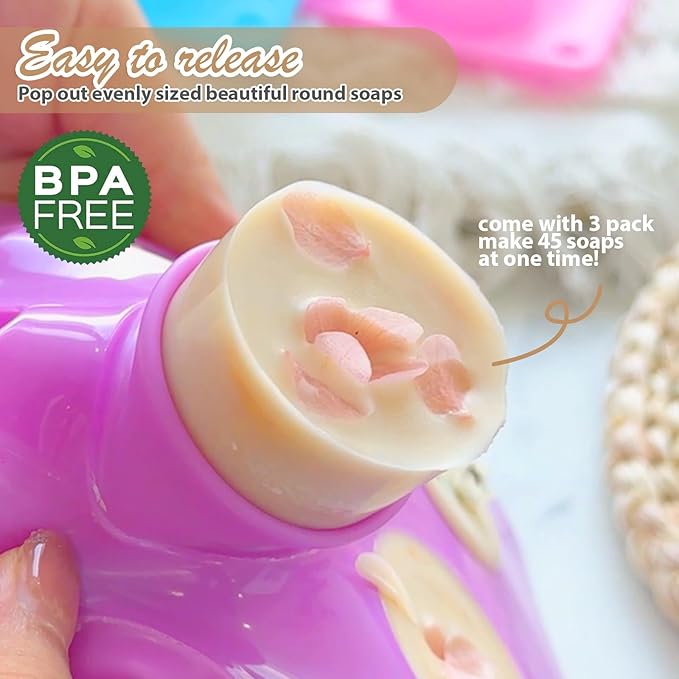 Soap Molds Silicone Round Cylinder 3 Packs 15 Cavities for Snacks Chocolate Candy Cookie Small Wax Melts Lotion Bars, Baking Circle Non-stick Tray Round Mold BPA Free Food Grade Homemade DIY