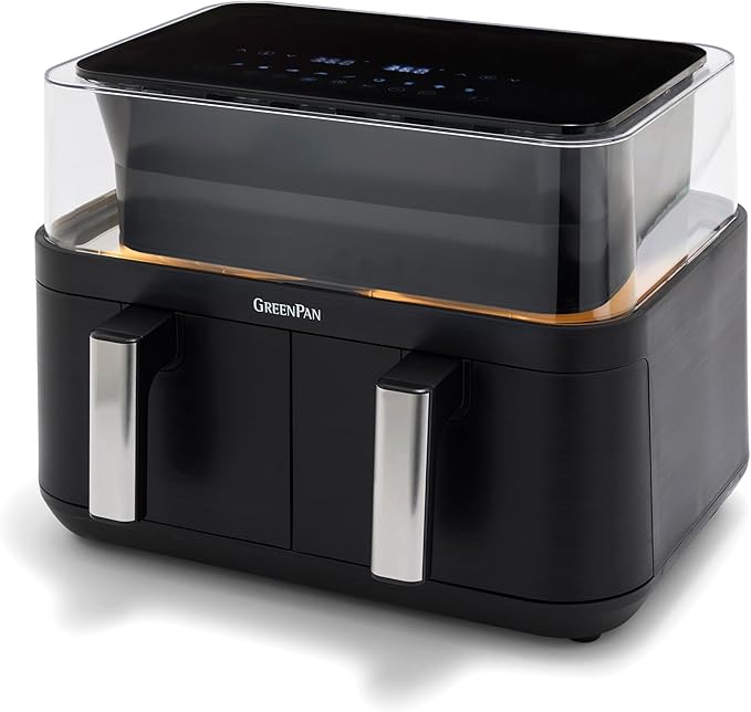 GreenPan Clearview 10QT Double Air Fryer, 360° Clear Window, PFAS-Free Ceramic Nonstick 5QT Drawers & Trays, Dual Cooking, 12-Presets, Shake Reminder, Keep Warm, Dishwasher Safe Parts