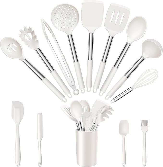 E-far 14 Pieces Silicone Cooking Utensils Set, Kitchen Utensils Set with Holder, Spatula, Ladle, Spoon, Slotted Turner for Nonstick Cookware, 446°F Heat Resistant & Stainless Steel Handle, Cream White