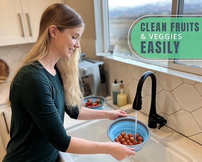 Ultimate Kitchen Strainers Set of 2 - Collapsible Silicone Colanders For Easy Storage by Comfify - Use with Pasta & Veggies or as a Fruit or Berry Bowl with Strainer - Irreplaceable for Campers - Blue