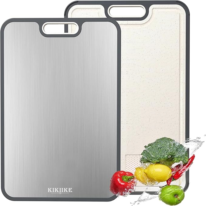 Titanium Cutting Board Double Sided Pure Titanium Cutting Boards for Kitchen, Pure titanium & Wheat Straw PP Food Grade metal cutting board, Non-slip durable and easy to clean (Large)