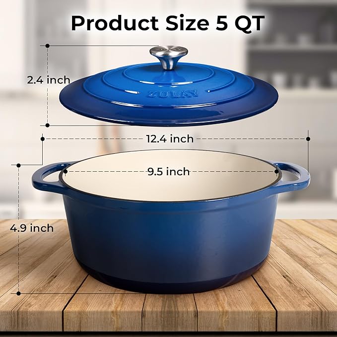 Zulay Kitchen 5 Quart Enameled Cast Iron Dutch Oven with Lid,Silicone Trivet & Heat Pad – Premium Durability & Oven Safe up to 500°F – Heavy Duty Cookware Perfect for Bread Baking, Stews, Braising & Roasting – Blue