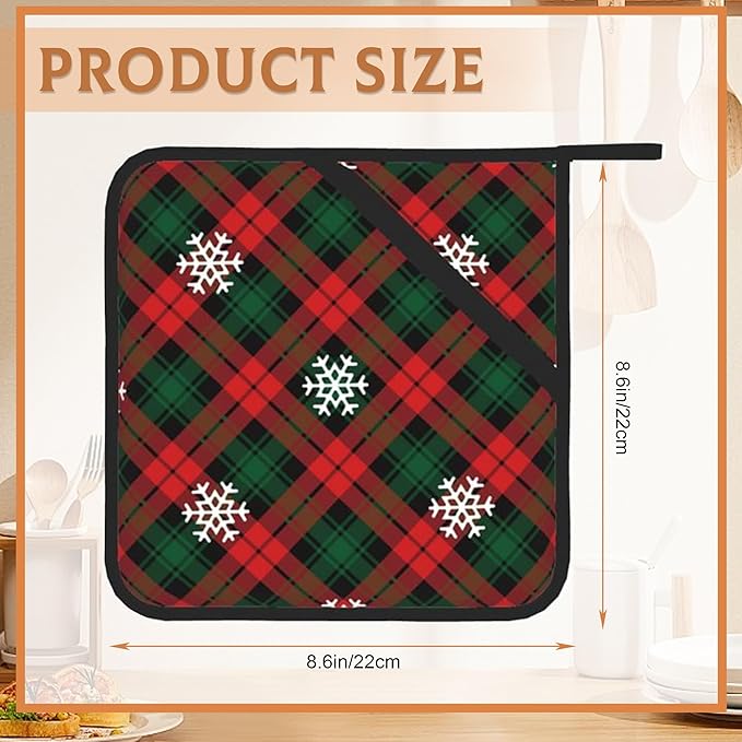Red Green Plaids Pot Holder Set of 2,Retro Christmas Plaid Kitchen Heat Resistant Potholder for Women Men BBQ Cooking Baking