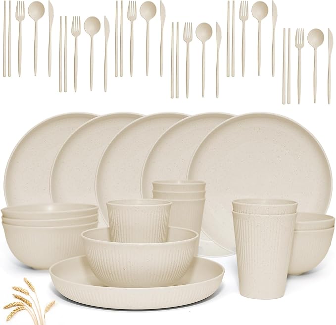 Wheat Straw Dinnerware Sets -DAPIPIK 42 Piece Unbreakable Dinnerware Sets for 6, Kitchen Plates and Bowls Set, Lightweight Camping Plates Cups and Bowls Set.Dishwasher Microwave Safe Dinnerware