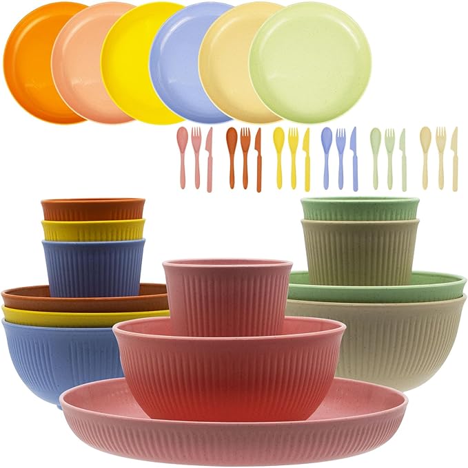 Wheat Straw Dinnerware Set, 36pcs Dishes Plates and Bowls Sets, Service for 6, Reusable Dinnerware Set Kitchen Cups Plates and Bowls Sets